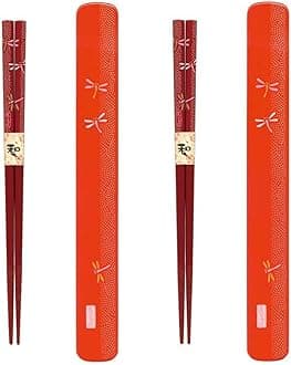 JapanBargain 3688, Travel Chopsticks with Case Reusable Chinese Korean Japanese Bamboo Portable Chop Sticks Utensil Dishwasher Safe Made in Japan, Red Dragonfly, Set of 2