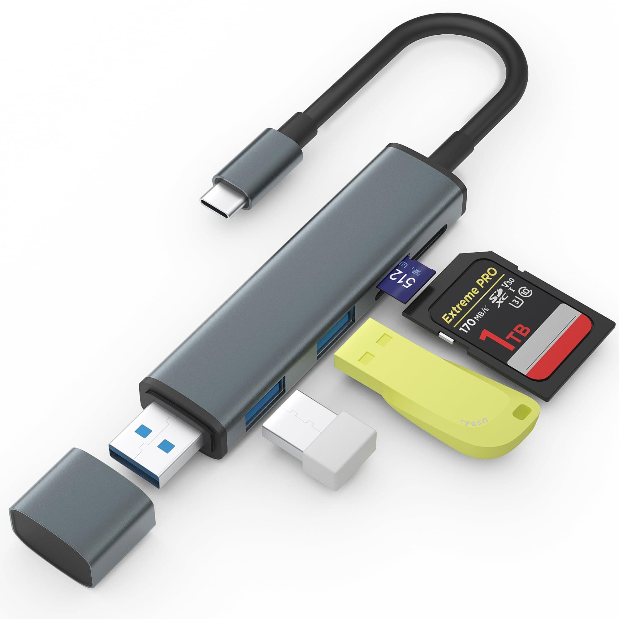 USB 3.0 SD Card Reader with Dual USB Ports, USB C SD Card Reader for iPhone 15/iPad/Mac 4 Ports Read and Write Simultaneously Memory Card Adapter for MacBook Pro/Air iMac Android S23 S22