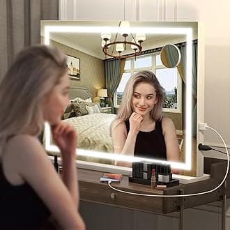 Hasipu Vanity Mirror with Lights, 32'' x 22'' LED Makeup Mirror, Lighted Makeup Mirror with Dimmable 3 Modes, Touch Screen Control Vanity Mirror Square White