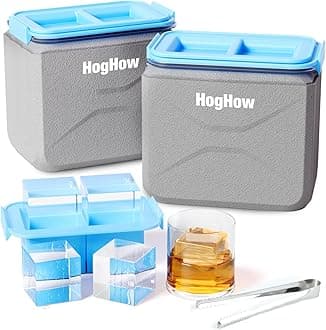 HogHowClear Ice Cube Maker,Crystal Clear 2 Inch Ice Tray Silicone,4 Large Ice Cubes Mold for Whiskey,Cocktails,Bourbon and Drink,Gifts for Men(2PCS)