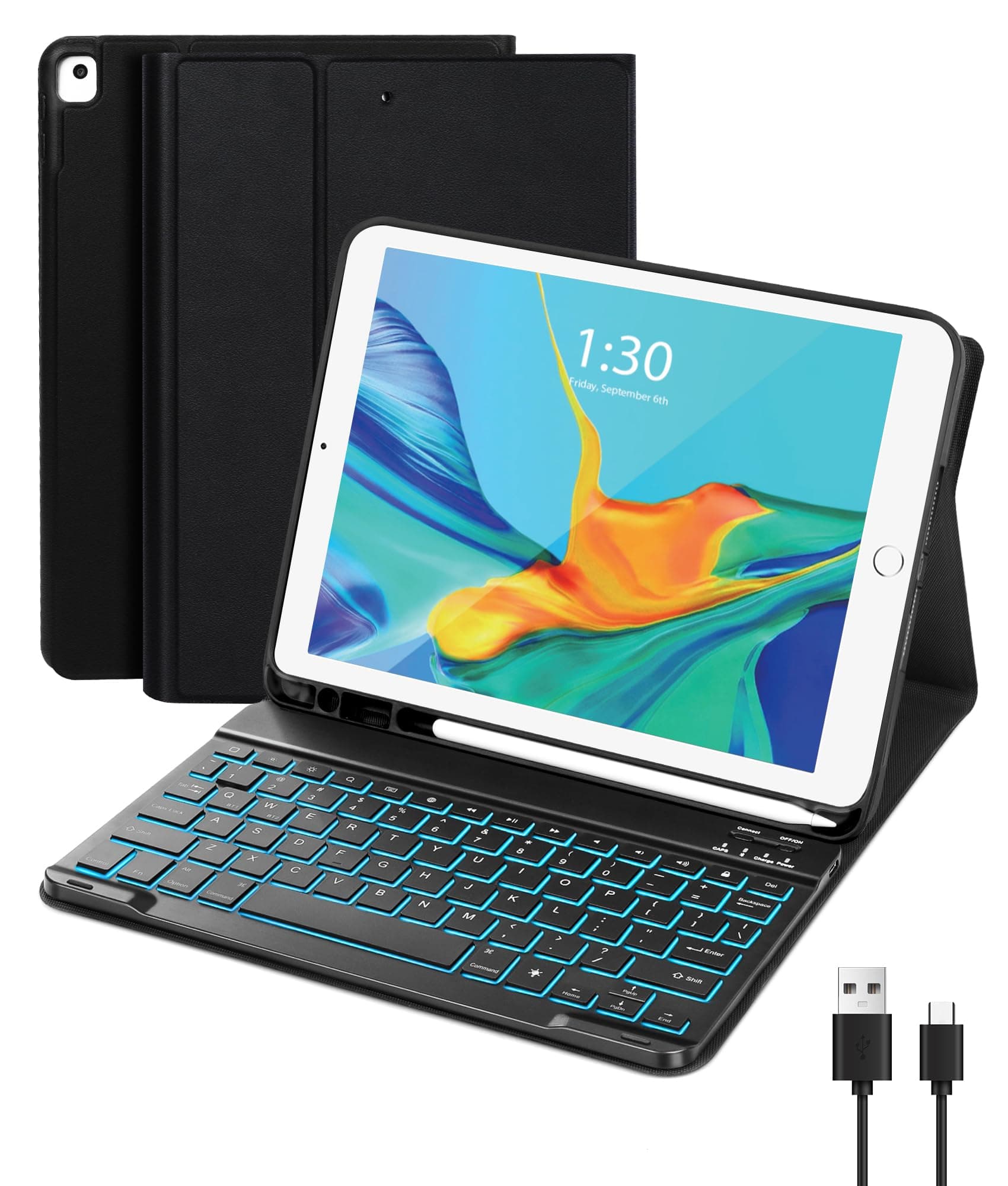 Ufanore Keyboard Case 10.2 inch for iPad 9th/8th/7th Generation, iPad Air 3, iPad Pro 10.5 inch Case with Detachable Keyboard, 7 Color Backlit, 2 Bluetooth Channels Keyboard, Stain Resistant Cover