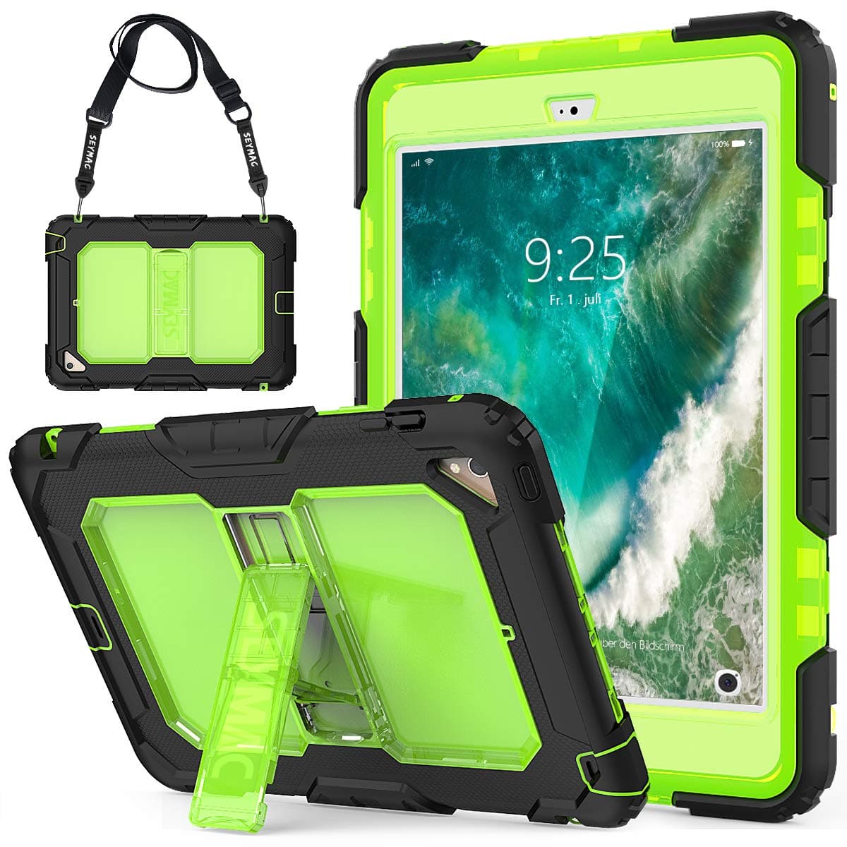 iPad Mini 4th/5th Generation Case Kids, SEYMAC Full Body Rugged Shockproof Drop Protection Bumper Hard Case with Strap & Stand for iPad Mini 4/5 [a1538, a1550, a2133, a2124, a2126, a2125](Green/Black)