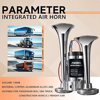 FARBIN Air Horn 24v Train Horn Truck Horn with Compressor 24v Airhorns Horns Loud Dual Trumpet Chrome Plating for Any 24V Vehicles
