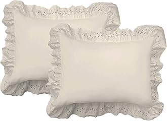 Fresh Ideas Ruffled Bed Pillow Shams with Embroidered Eyelet Detail, King, Ivory, 2-Pack