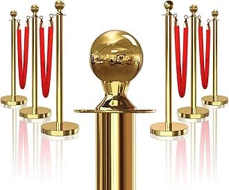 6PCS Gold Stanchions Posts with 4PCS 5 ft Red Velvet Rope, Red Velvet Rope Stanchion Set Crowd Control Barriers, Stanchions and Velvet Ropes Red Carpet Poles for Party Supplies
