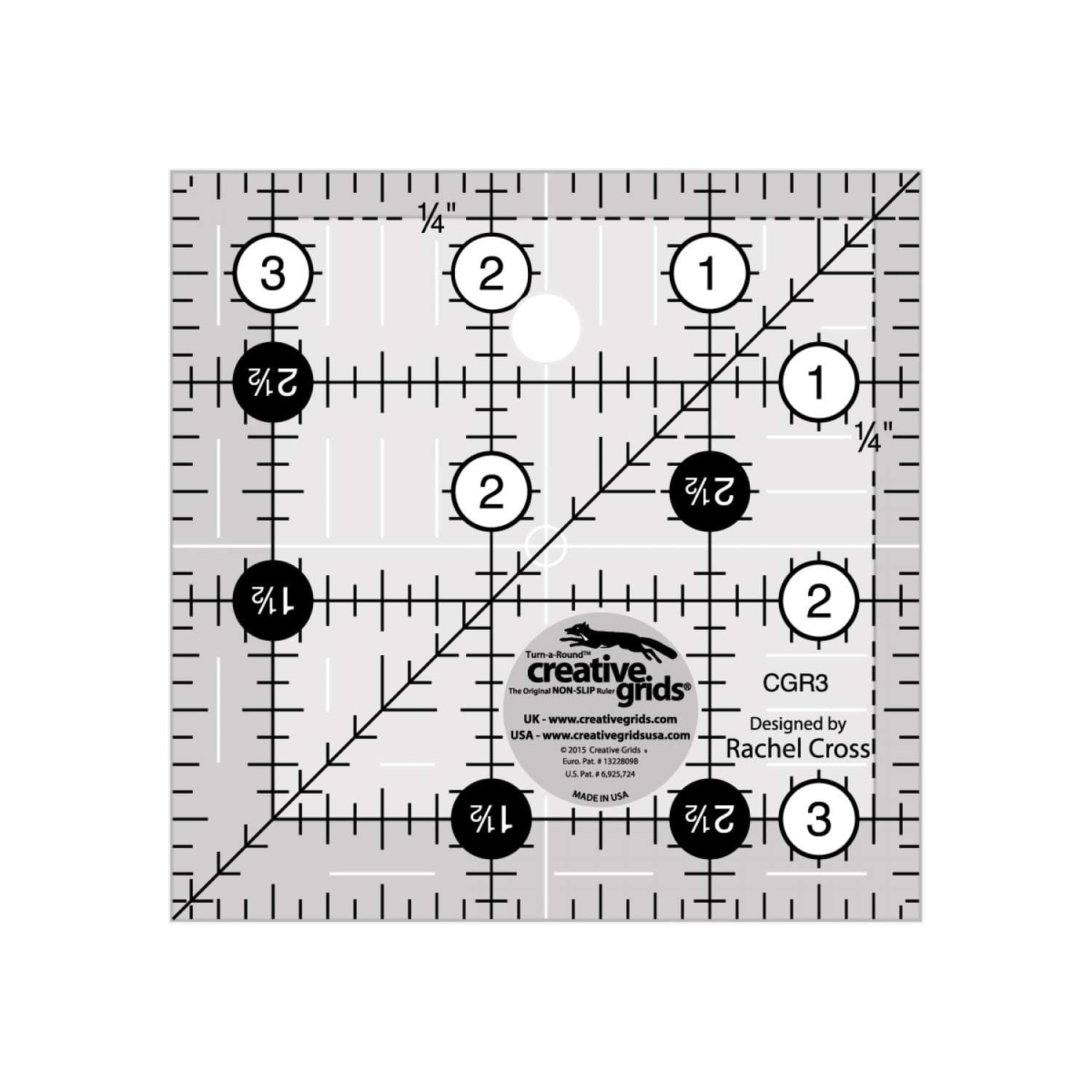 Creative Grids Quilt Ruler 3-1/2in x 3-1/2in Square – CGR3 – Made in USA, Non-Slip Grip Acrylic Quilting, Sewing, Crafting, Patchwork Ruler for Measuring & Cutting Fabric