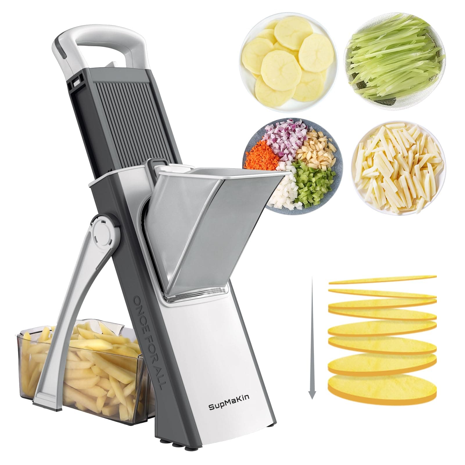 Upgrade Safe Mandoline Slicer, Multi Vegetable Chopper, Potato Slicer, Vegetables Slicer Onion Chopper Fry Cutter, Kitchen Chopping Artifact (GrayWhite)