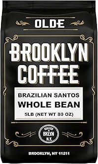 BROOKLYN COFFEE Whole Bean, Brazilian Santos Medium Roast (5lb) American, Breakfast, Classic - Fresh Bulk Coffee Beans Roasted Weekly in NYC