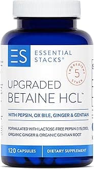 Essential Stacks Betaine HCL with Pepsin, Ox Bile, Organic Gentian & Ginger - Betaine Hydrochloride Supplement w Digestive Enzymes, Bile & Bitters - Gluten, Dairy & Soy Free (120 Capsules)