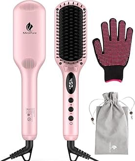 2-In 1 Ionic Hair Straightener Brush Mch Heating Hair Straightening Irons With Free Heat Resistant Glove And Temperature Lock Function (Golden Pink)