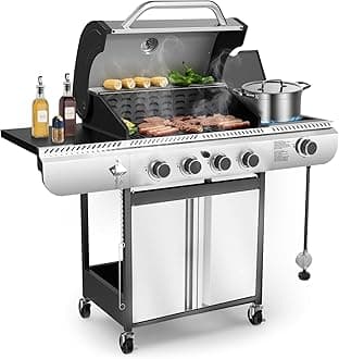 4-Burner Gas Grill with Side Burner,Stainless Steel Propane Grill with Porcelain-Enameled Grills,Built-In Thermometer,42000BTU BBQ Grill for Outdoor Cooking and Patio Barbecues