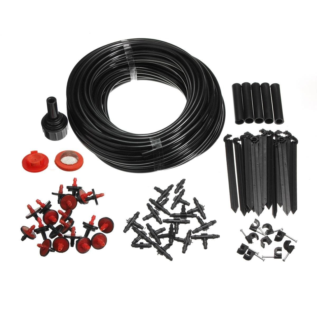 Garden Micro Drip Irrigation System with 75ft(23m) Blank Distribution Tubing Hose, 3/4” BSP Tap Adaptor, Drippers, Filter Washer, Flow Control Valve, Pipe Connectors, End Clamps, Pipe Clips, Fixed Ste