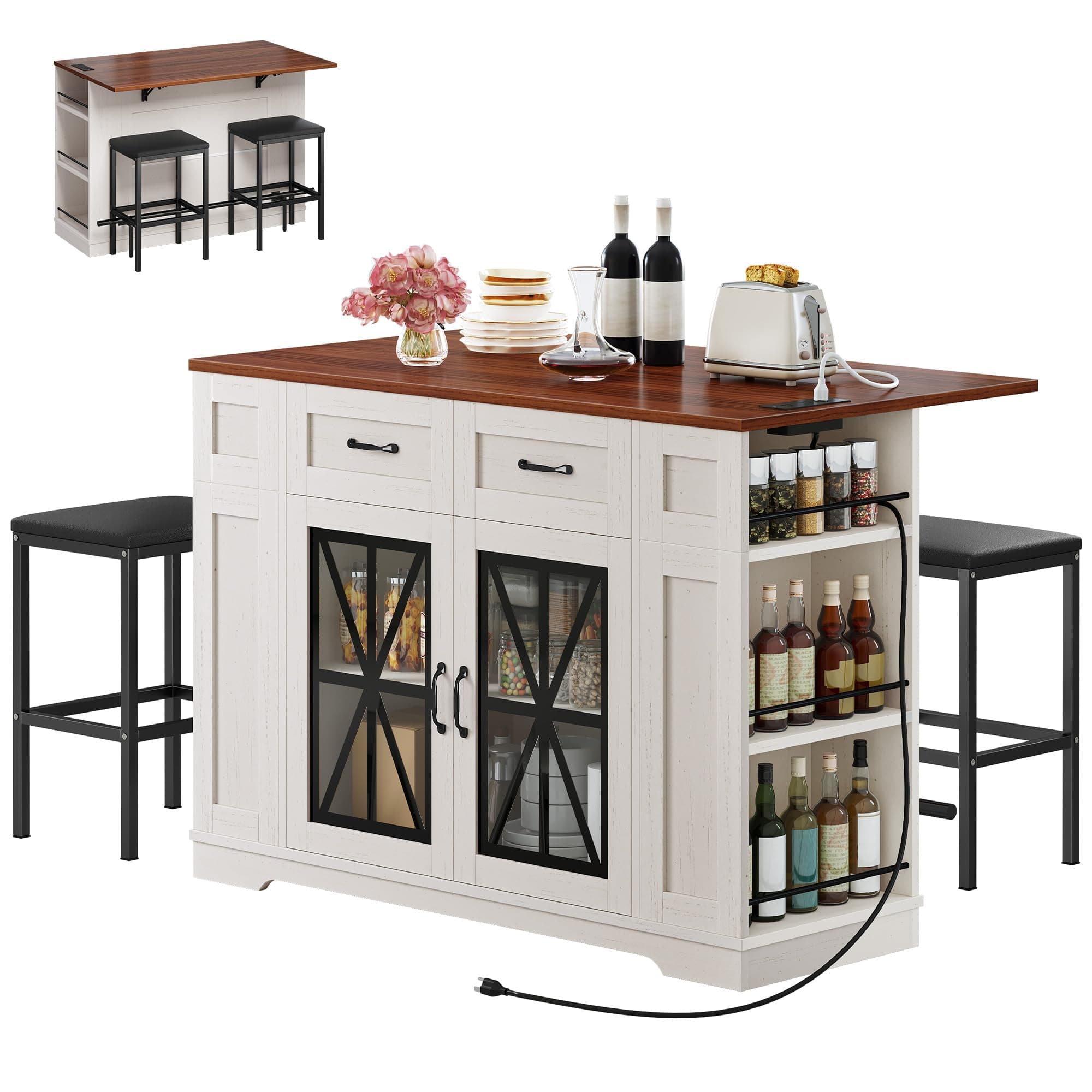 YITAHOME Kitchen Island with Drop Leaf & 2 Bar Stools, Large Kitchen Island with Storage and Seating, 47 Inch Portable Islands Table for Kitchen Cart on Wheels with Power Outlet & Footrest, Off White