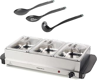 PROGRESSCOMBO-8279 3 Pan Electric Buffet Server & Hot Plate/Food Warmer Tray with Solid/Slotted/Ladle Serving Spoons, 1.5L Removable Sections, Adjustable Temperature, Chafing Dish, Catering Tray