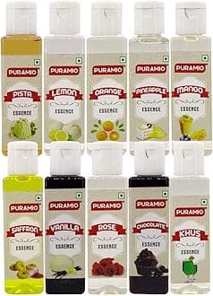 Puramio Culinary Food Essence 30ml each, Pack of 10 Flavors (Vanilla, Rose, Pineapple, Orange, Lemon, KHUS, Saffron, Pista, Mango, Chocolate)
