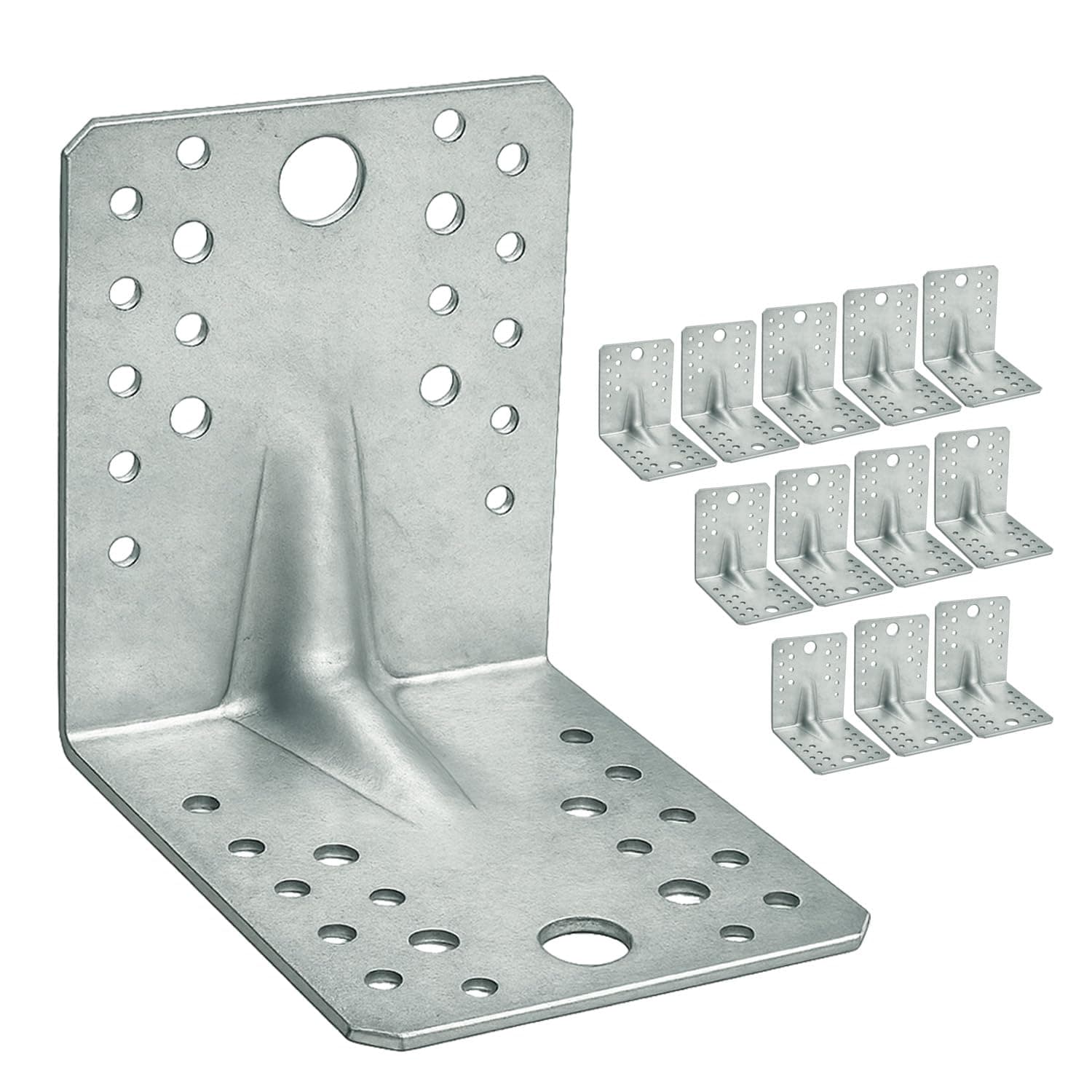 12 x Angle Brackets (105 x 105 x 90 x 2.5) Heavy Duty Corner Sleeper Bracket with Beading Timber Wood Metal Joining Fixing L Galvanised Steel Sheet Connector