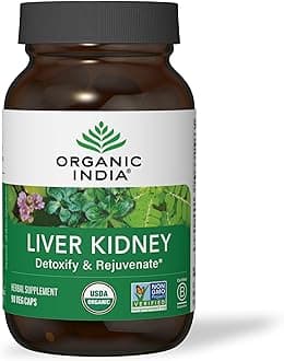 ORGANIC INDIA Liver Kidney Herbal Supplement - Detoxify & Rejuvenate, Supports Healthy Liver & Kidney Function, Vegan, Gluten-Free, Kosher, USDA Certified Organic, Non-GMO - 90 Capsules