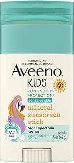 Aveeno Kids Continuous Protection Zinc Oxide Mineral Sunscreen Stick for Sensitive Skin, Face & Body Sunscreen Stick for Kids with Broad Spectrum SPF 50, Sweat- & Water-Resistant, 1.5 oz