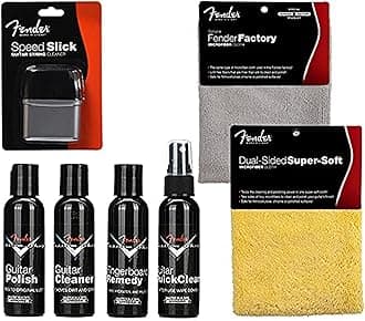 Guitar Super Care Kit Bundle with Speed Slick String Cleaner, Custom Shop Deluxe Guitar Care System 4 Pack, Super-Soft Dual-Sided Microfiber Cloth, and Fender Factory Microfiber Cloth
