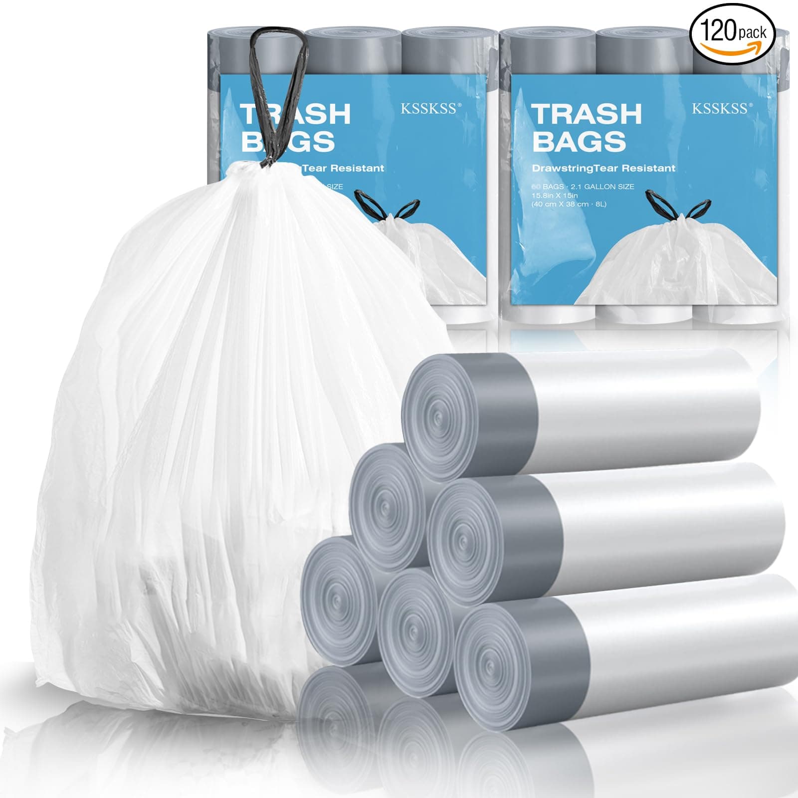 120 Counts 1.6 Gallon Mini Drawstring Trash Bags, Small Garbage Bags by KSSKSS, Code a fit 4.5-8 Liter, 1.2-2 Gal, White Trash Bin Liners for Home Office Kitchen Bathroom Bedroom