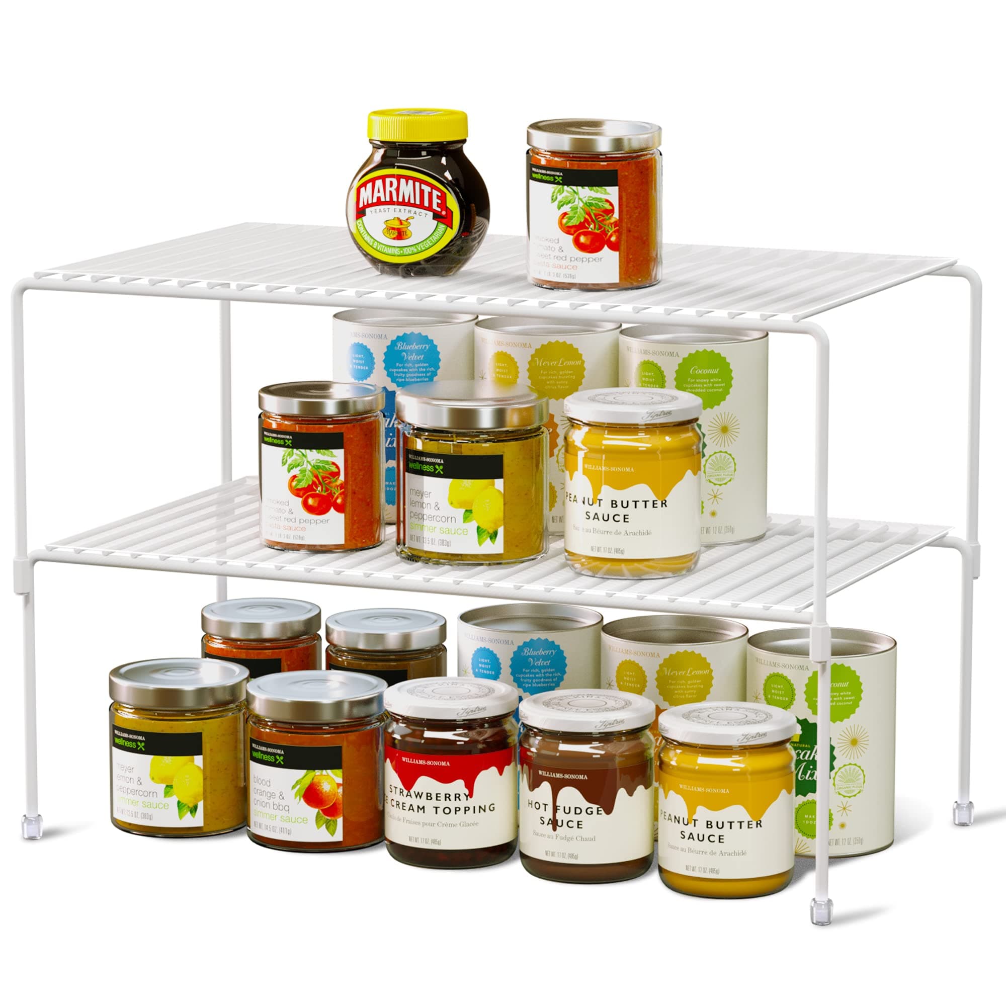 Set of 2 Kitchen Cabinet Organizer and Storage Shelves Stackable Expandable Storage Racks with Anti-Slip Liners for Cabinet Pantry, White