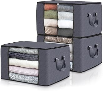 Fab totes 3-Pack Clothes Storage, Foldable Blanket Storage Bags, Storage Containers for Organizing Bedroom, Closet, Clothing, Comforter, Organization and Storage with Lids and Handle, Grey