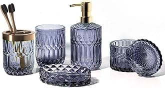 EMPO 6PCS Bathroom Clear Glass Accessories Set (Lotion Soap Dispenser, Soap Dish, Toothbrush Holder, Tumbler, Cotton Swab Jar), Contemporary Modern Decor Crystal Vintage Gift (6pcs BluePurple)