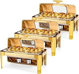 ROVSUN 9QT 3 Pack Roll Top Chafing Dish Buffet Set, Rectangular NSF Stainless Steel Buffet Warmer Chafers with Thick Frame for Catering Events Parties Weddings Dinners, Gold