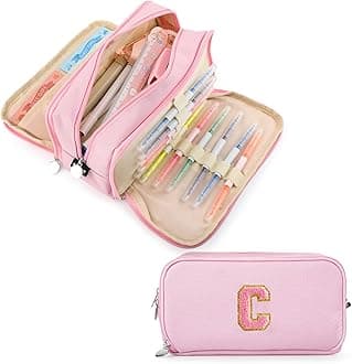 Extra Large Capacity Pencil Case 3 Compartment Initial Pencil Pouch Personalized Cute Aesthetic Stationery Pen Case Bag for School Teen Girl Boy Men Women Gift (C, Pink)