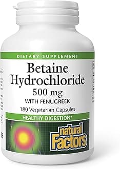 Natural Factors, Betaine HCL 500 mg, Supports Healthy Digestion and a Healthy Microbiome, 180 capsules (180 servings)