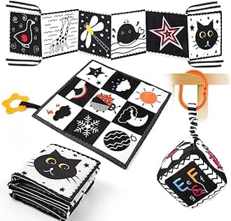 Baby Black and White Sensory Toys, 3 Pcs High Contrast Baby Toys, Montessori Toys for Babies Sensory Soft Book for Early Education, Infant Tummy Time Toys Baby Rattles Hanging Toys