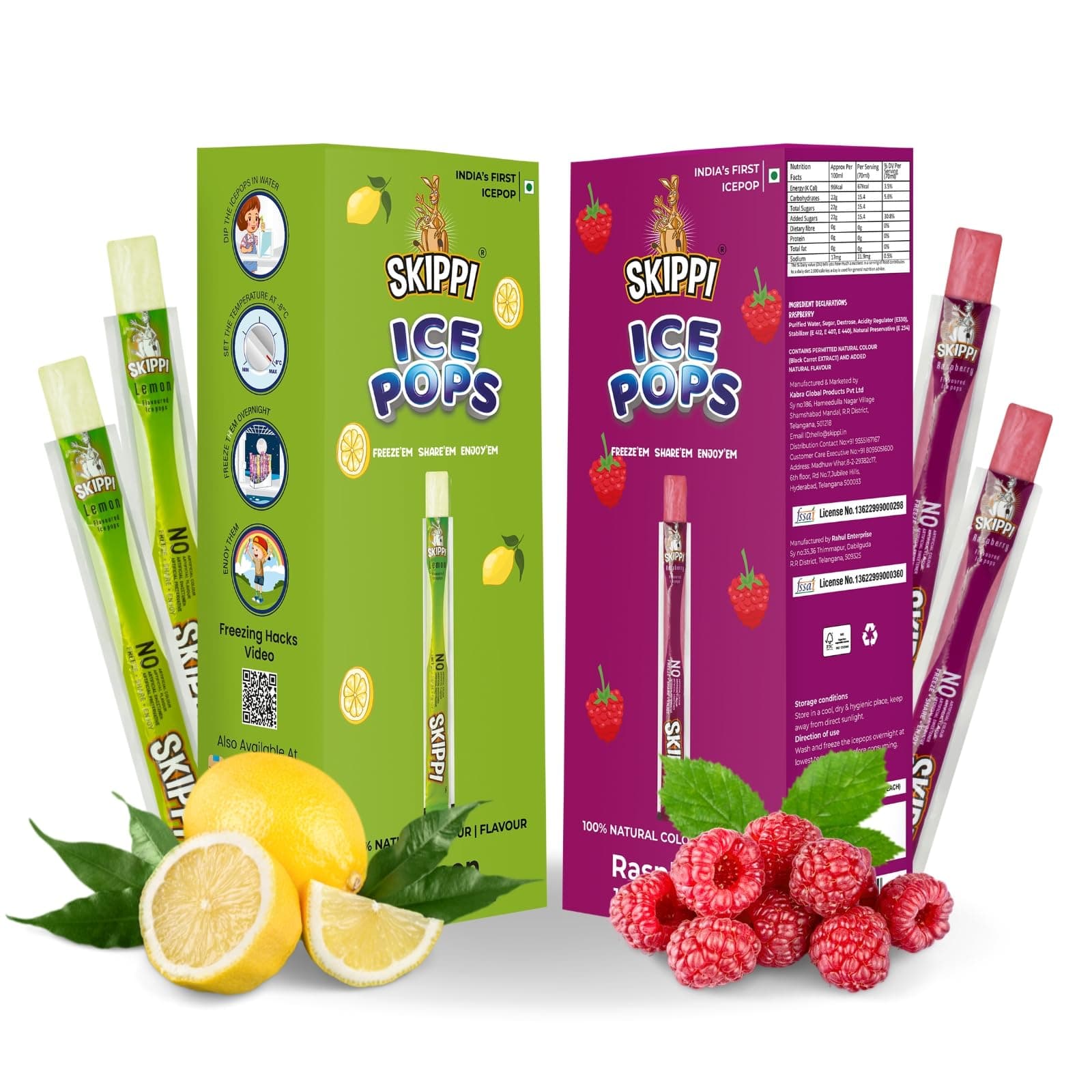 Skippi Icepops Freezer Pops, Juice Bars, Ice Pops - Raspberry & Lemon Flavors (12+12 Pops Boxes)