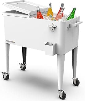 Permasteel 80-Qt Classic Outdoor Patio Cooler for Outside, Beverage Rolling Cooler Bar Cart with Wheels & Handles, Retro Design,18L x 36.5W x 33.5H inches, White