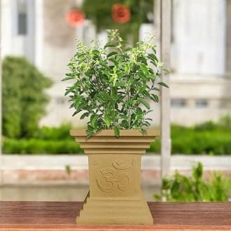 Go Hooked 16 Inch Tulsi Pot Traditional Decorative Planter for Home Temple, Pooja Décor, Balcony and Garden | Premium Plastic Large Square Tulsi Planter with Om & Swastik Design | UV-Resistant Brown