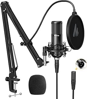 XLR Condenser Microphone, Professional Cardioid Studio Mic with Boom Arm, Pop Filter, Compatible with Audio Interface and Mixer for Streaming, Podcasting, Vocal Recording, Music, PM320S