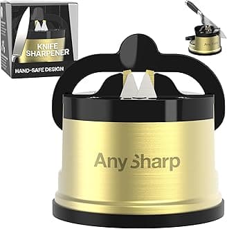 AnySharp – Chef – Hands Free Knife Sharpener - Easy to Use Sharpening Tool with PowerGrip Suction Base and 20-Degree Pre-Set Angle - for All Knives: Chef's, Serrated, and Hardened Steel - Brass