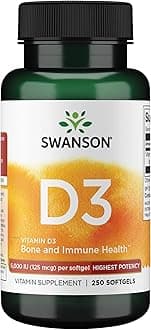 Swanson Vitamin D3 5,000 IU Bone, Immune, and Heart Health Supplement for Sun-Deprived Adults Seeking Bone, Immune, and Heart Support - 125 mcg Cholecalciferol (250 Softgels)