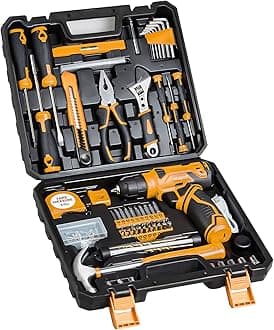 Tool Set - Tool Kit with 8V Cordless Drill, 132 Piece Tool Box with Drill, Home Tool Kits for Men & Women, Hand Drill Set Perfect for Homeowner, Diyer, Handyman-Yellow
