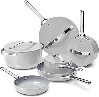 Deluxe Nonstick Ceramic Cookware Set (16 Piece) Pots, Frying Pans, Lids and Kitchen Storage - PFAS & PFOA Free - Oven Safe Ceramic Pan Set & Compatible with All Stovetops - Gray