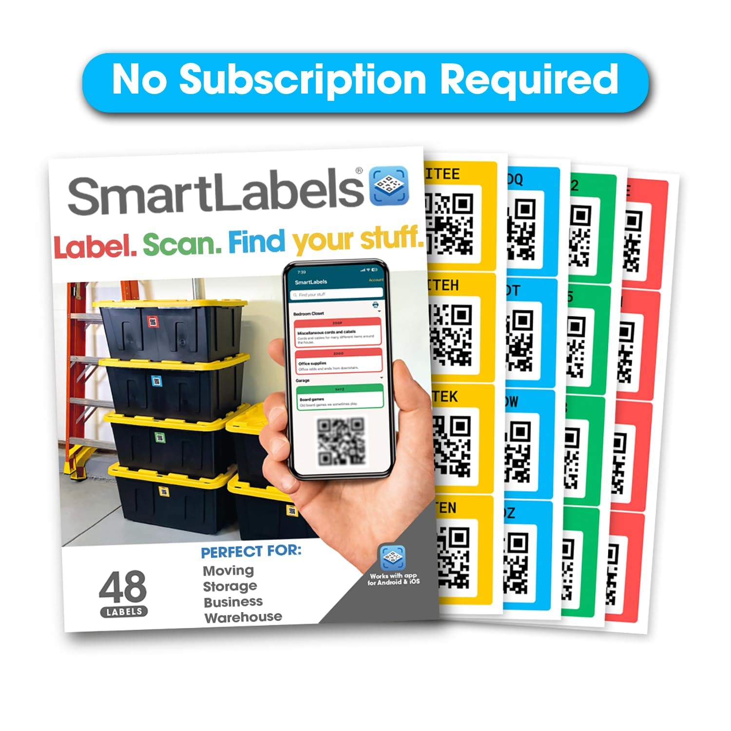 QR Code Smart Labels | Color Coded Scannable Stickers for Storage Bins, Moving Containers & Organization | Pack and Track Inventory on iOS & Android App | Pack of 48 (Original)