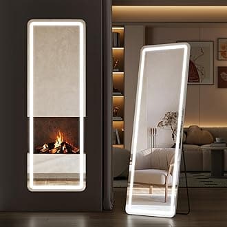 Sweetcrispy Full Length Mirror with LED Lights, 61"x17" Lighted Floor Mirror with Dimming & 3 Color Lighting, Stand for Bedroom, Dressing Room