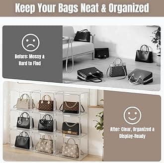 12 Pack Clear Handbag Storage Organizers Closet, Plastic Acrylic Handbag Purse Shoes Toy Display Case, Anti Dust Luxury Stackable Bag Container Box Magnetic Door Pocketbook Clutch, Transparent