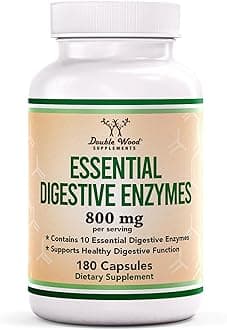 Digestive Enzymes - 800mg Blend of All 10 Most Essential Digestive and Pancreatic Enzymes (Amylase, Lipase, Bromelain, Lactase, Papain, Protease, Cellulase, Maltase, Invertase) by Double Wood