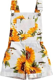 Toddler Kids Baby Girl Sunflower Print Overalls Shorts with Pocket Suspender Trousers Summer Clothing Outfit (Suspender Shorts, White, 2-3 Years)