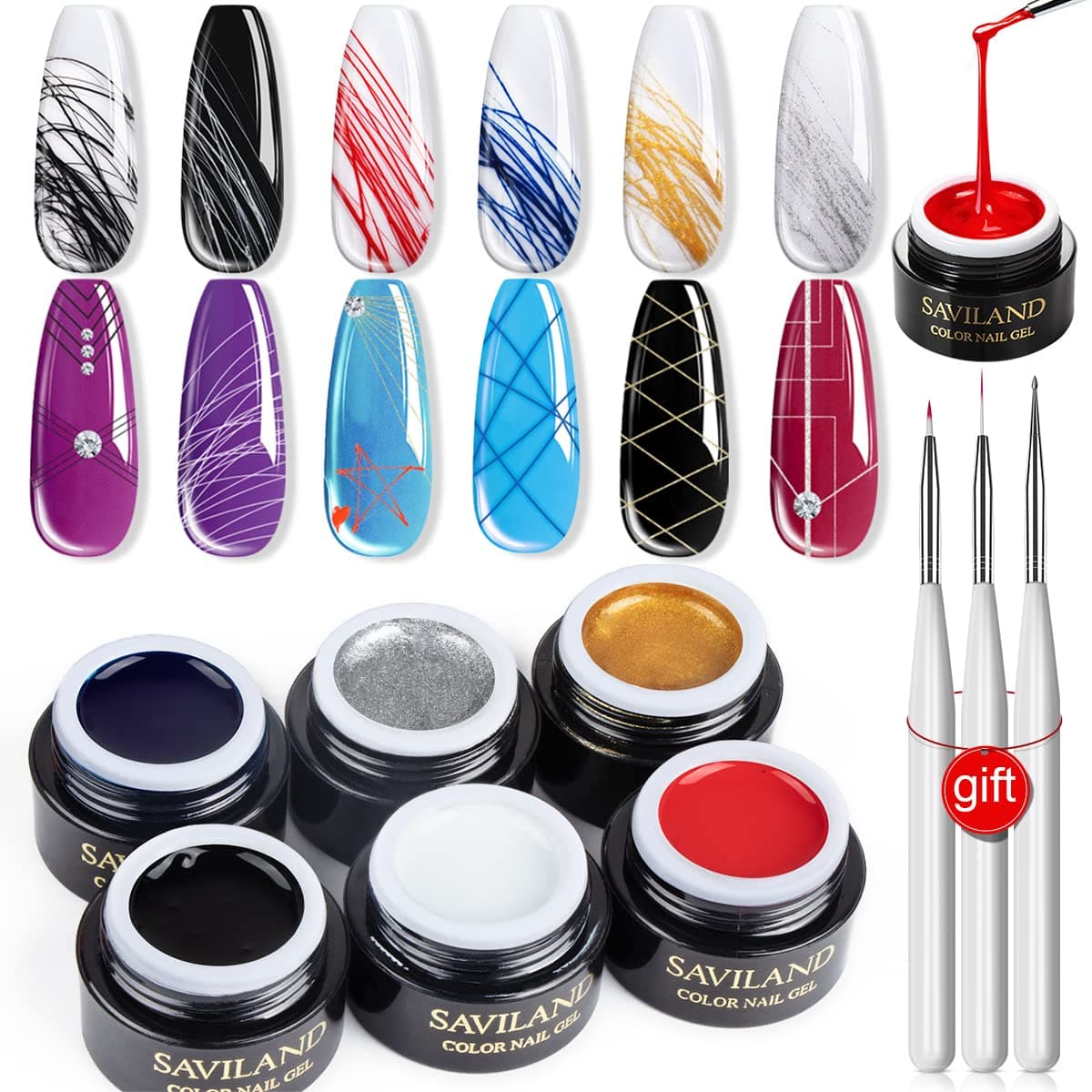 SAVILAND 6 Colors Spider Gel, New Upgraded Matrices Spider Gel with Nail Art Brushes, Nail Designs Paint Wire Drawing Gels Polish for Line (White Black Red Blue Gold Silver)