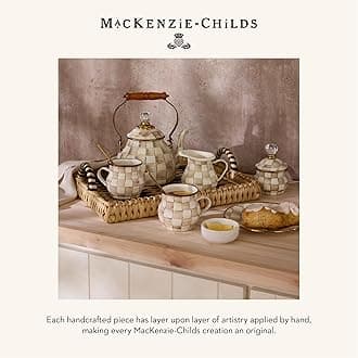 MACKENZIE-CHILDS Cookie Jar with Enamel Lid, Large Glass Treat Jar or Kitchen Jar, 1-Gallon Capacity, Brown-and-White Mocha Check