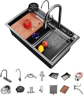 Smart Waterfall Kitchen Sink Stainless Steel Single Bowl Digital Display Honeycomb Nano Modern Workstation Sink with Pull Down Faucet Multifunctional Topmount Handmade Sinks(31.5 x 18.1 inch)