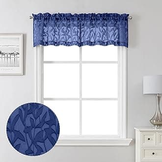LecloudLeia Sheer Dusty Blue Window Curtains for Kitchen 14 Inch Length 2 PCS, Dual Rod Pockets Window Living Room Curtain Valance, Jacquard Clip Textured Leaf Short Bedroom Drapes, 40 W x 14 L