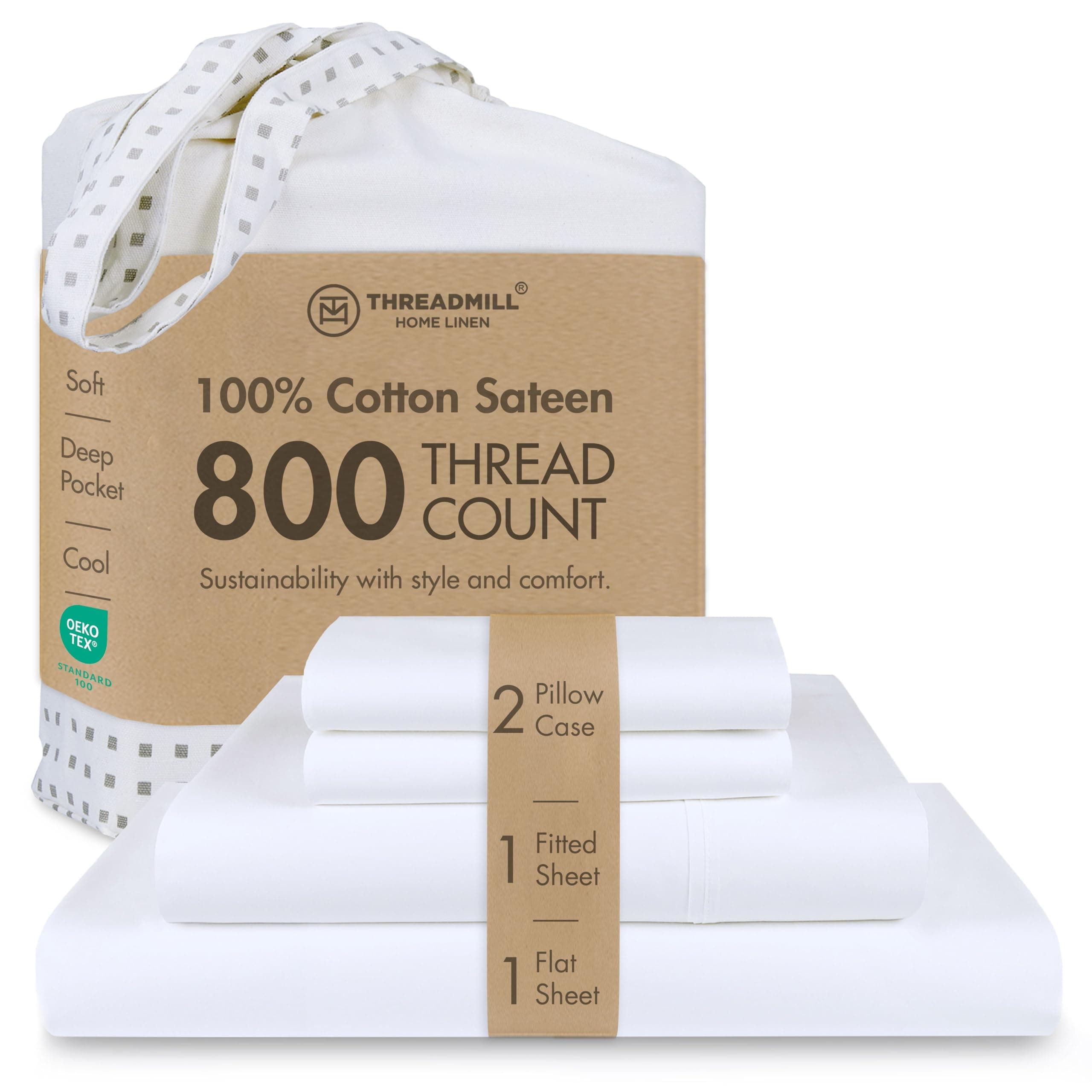 Threadmill Luxury 800 Thread Count King 100% Cotton Sheets - Hotel White Sateen Weave Bed-Sheets, Better Than Egyptian Cotton, 4 Pc Solid Soft Bed Set, Fits 16" Deep Pocket