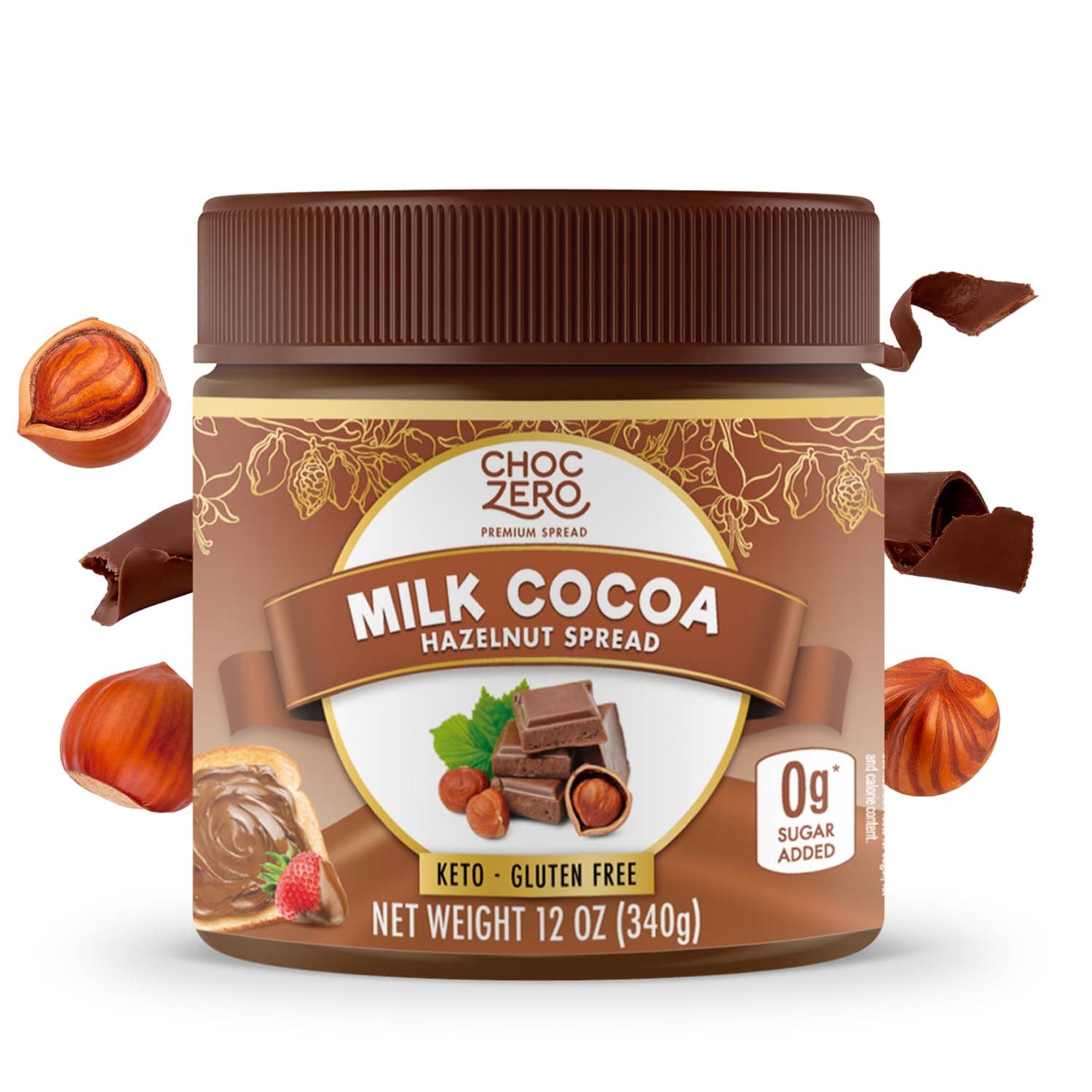 Milk Chocolate Hazelnut Spread - No Added Sugar, Keto Friendly Low-Carb Chocolate Hazelnut Dessert & Bread Topping, Gluten Free, High Fiber, 12 oz Jar